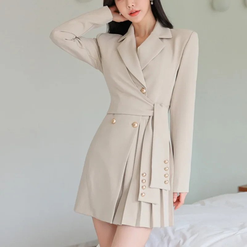 Chic Khaki Blazer Dress Women Long Sleeve Korean Fashion Elegant Women's Clothing Business Notched Neck Vestidos Office Lady