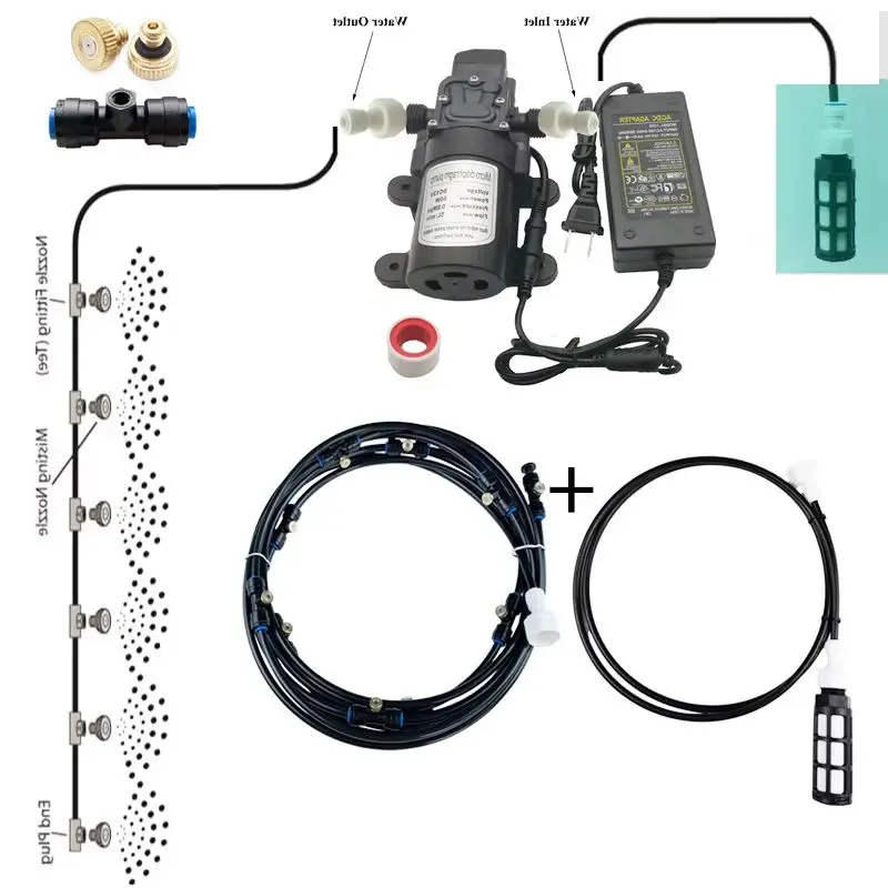 60W 12V DC High-Pressure Misting Pump System with Brass Nozzles for Outdoor Cooling