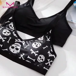 Skull Print Cotton Women's Bra Black Underwear, Sexy Seamless Comfortable Underwear Daily/Party Wear Without Steel Ring Bra
