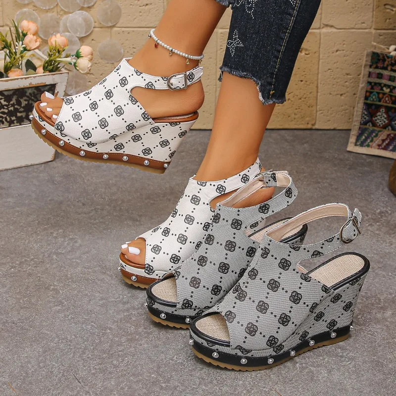 2026 New Women Wedge Sandals Summer Fashion Printed Thick Sole Slingback Female Shoes Comfortable High Heel Casual Sandals