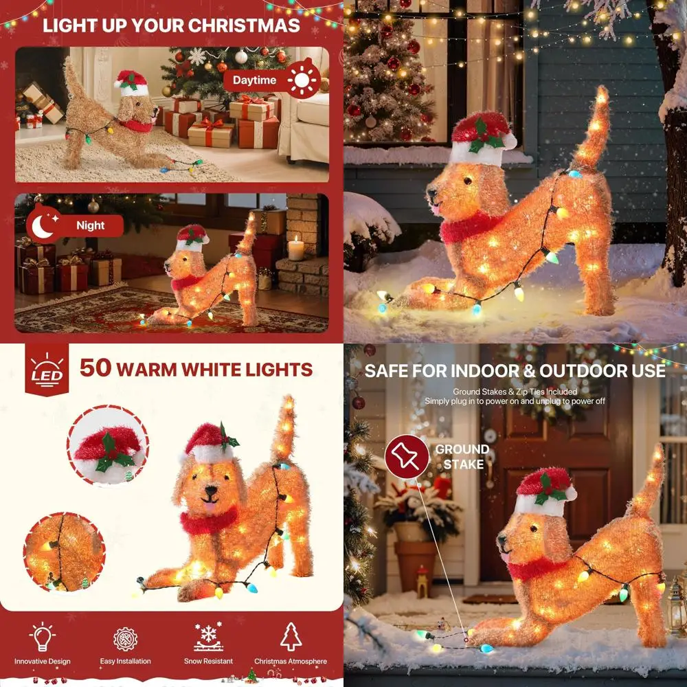 

21 Christmas Lighted Dog Ornament with 50 LED Lights, Colorful Strip Design, Ideal for Outdoor Lawns, Yards, and Porches