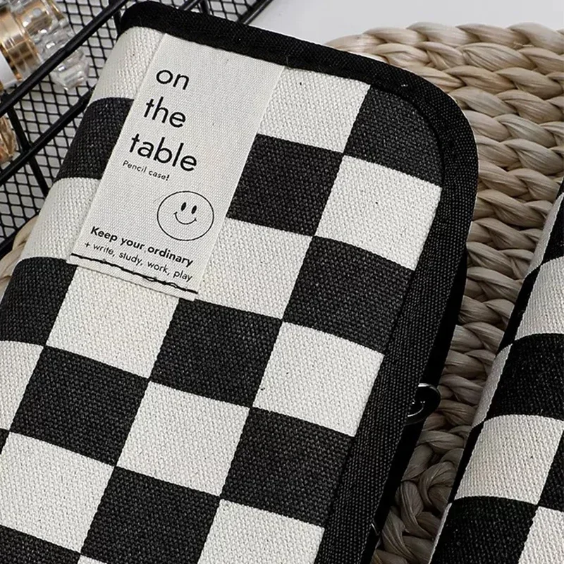 Kawaii Checkerboard Pencil Case Large Capacity Canvas Fashion Pencil Pouch Bag Back To School for Student Stationery Supplies