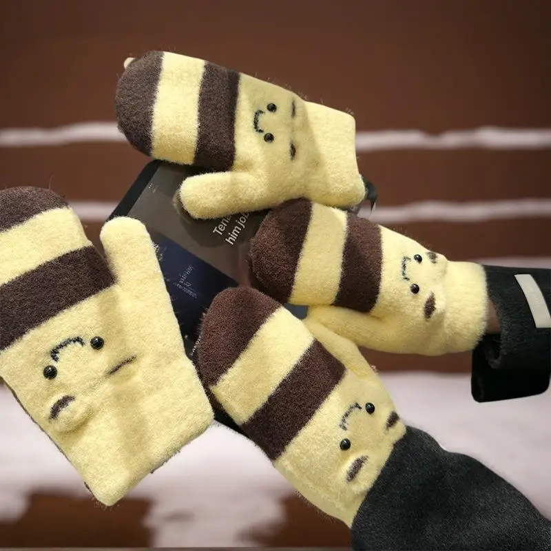 

Забавные вязаные перчатки из гусиной шерсти для осени и зимы, милые, с толстым велюром для защиты от холода и тепла, двухслойные перчатки