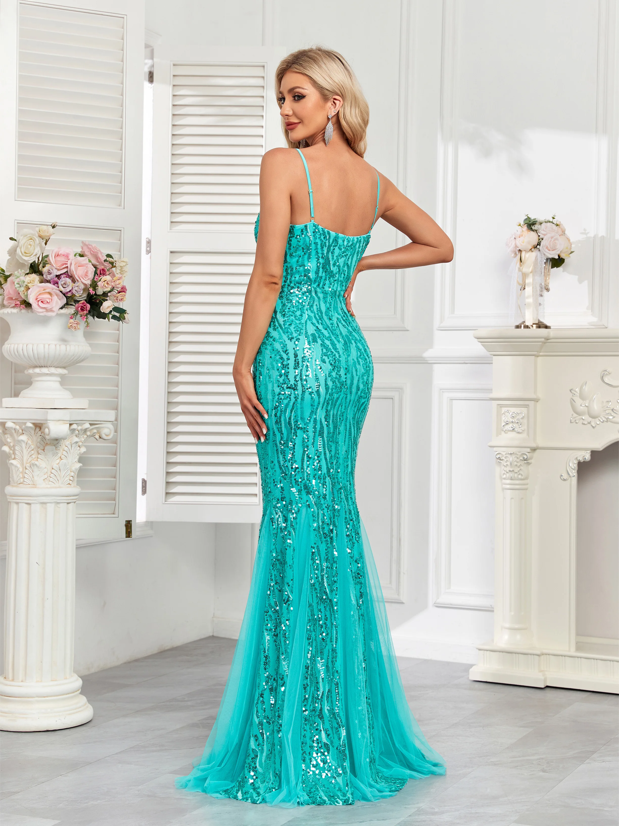 XUIBOL Party halter sequin gown with luxurious fishtail net skirt