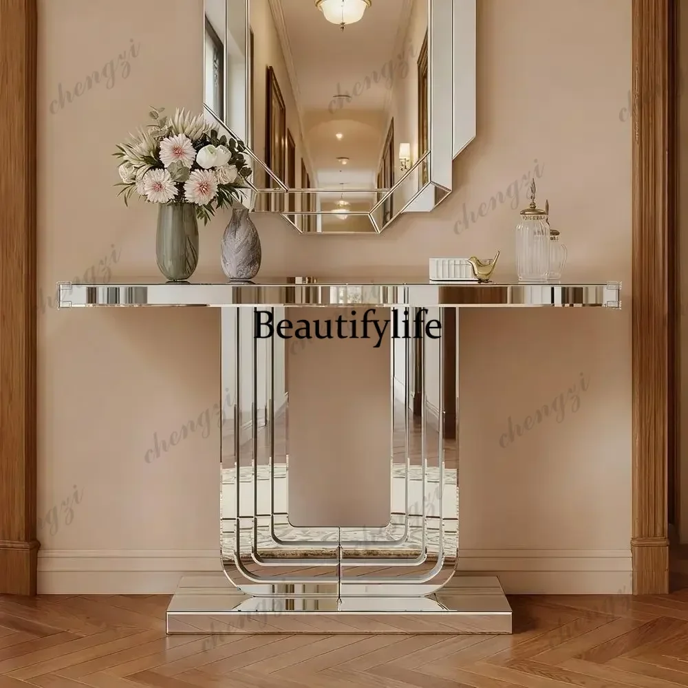 Elegant Silver Mirrored Console Table with U-Shaped Base and Handcrafted Line Pattern for Entryway or Hallway