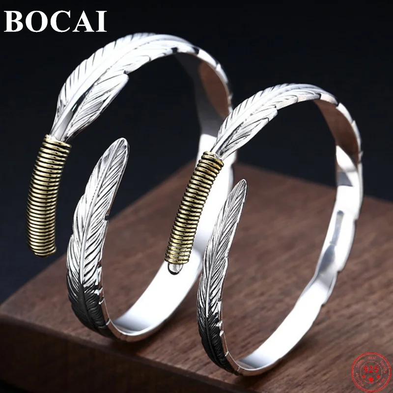 

BOCAI S925 Sterling Silver Bracelets 2022 New Fashion Retro Totem Feather Pattern Adjustable Solid Argentum Bangle for Women Men