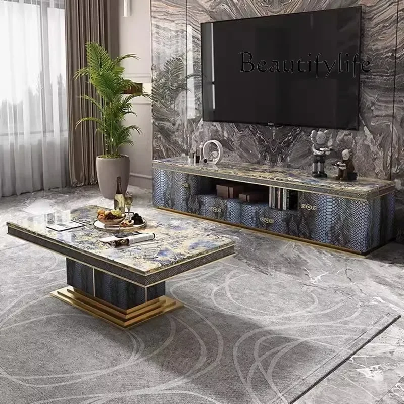 

Italian light luxury living room TV cabinet coffee table combination villa designer creative stainless steel high sense