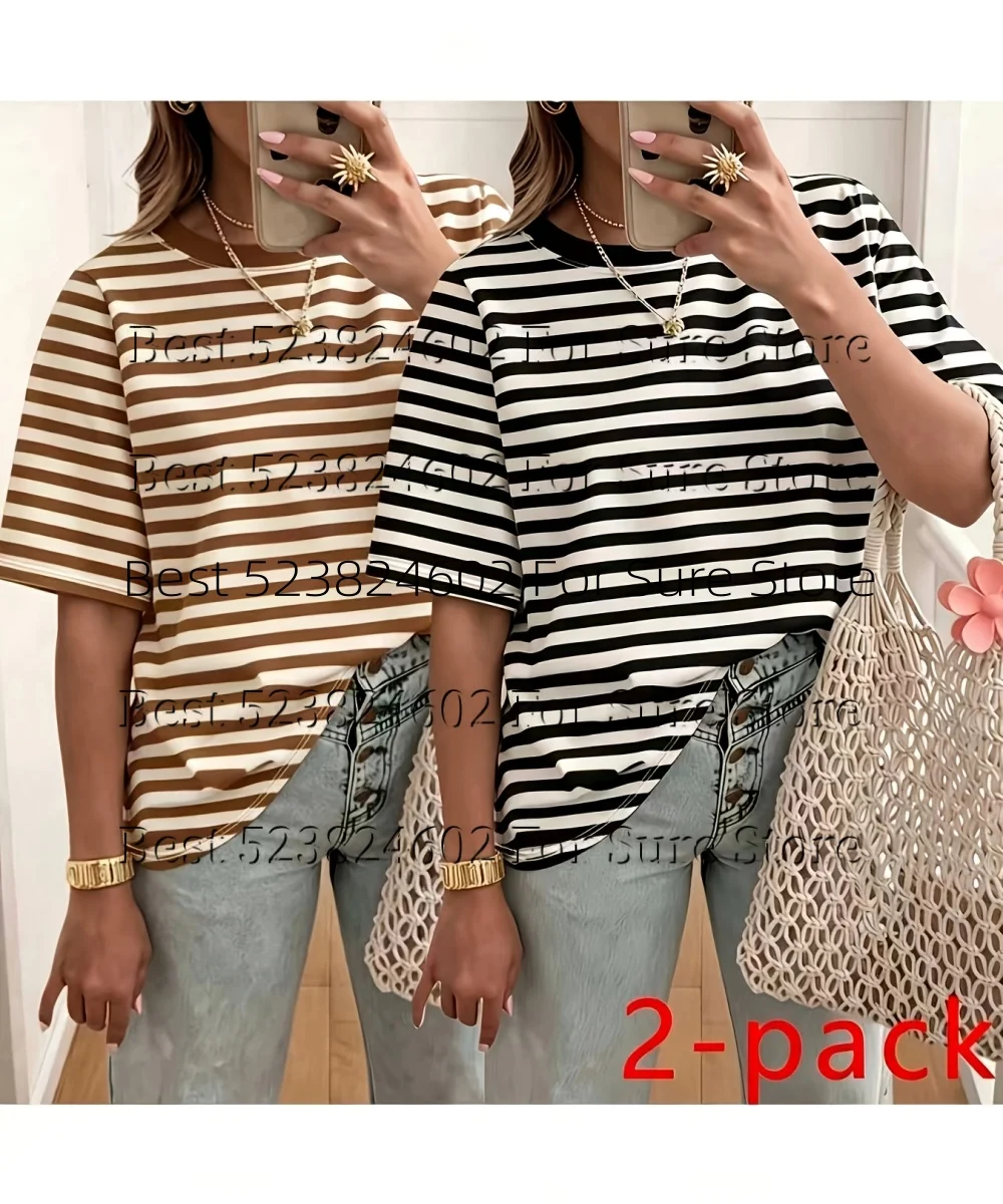 2 Pack Woman t-shirts Striped Short Sleeve T-shirt Round Neck Loose Fit Casual Basic Tee Summer Fashion Tops for Daily Outfit