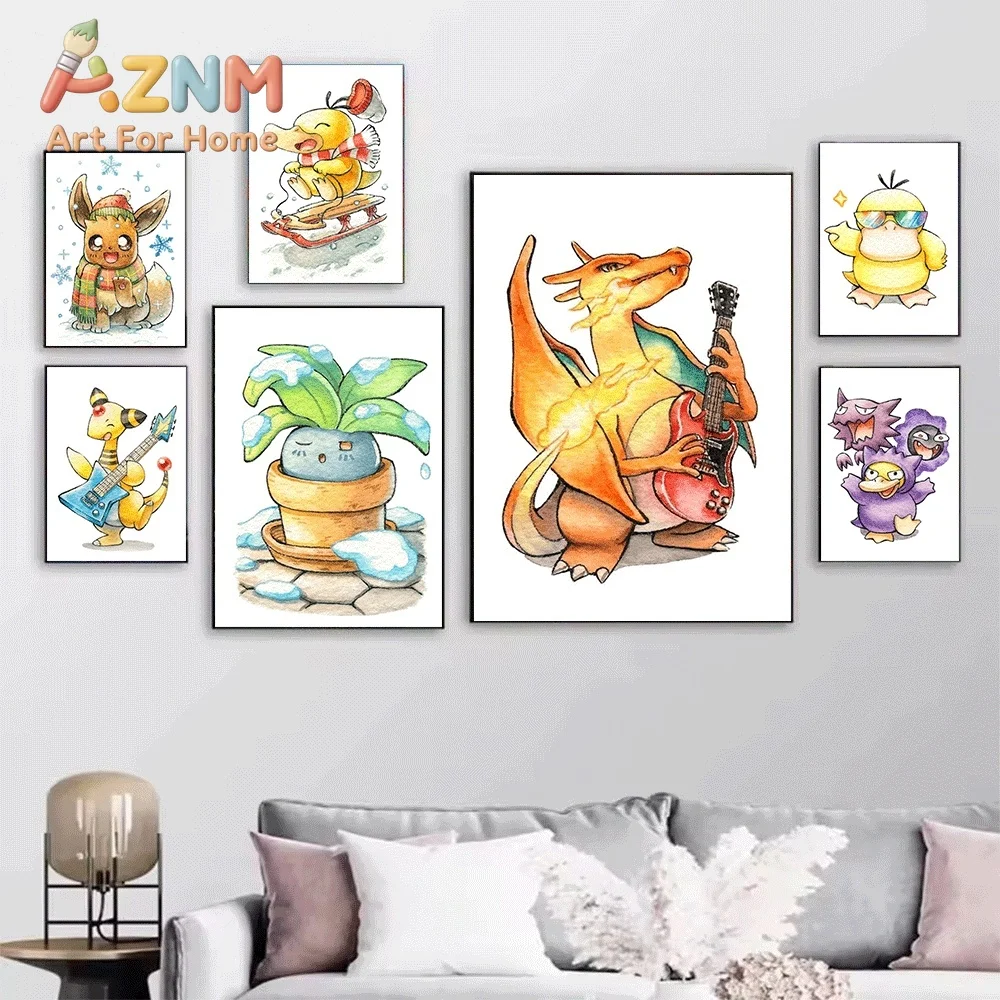 AZNM Pokemon Psyduck Cozy Winter Armchair Watercolor Canvas Wall Art Unframed Anime Monster Print Home Kids Bedroom Living Roo
