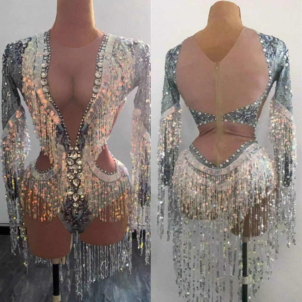 Sparkling Silver Women Stretch Dance Fringes Bodysuit Club Bar Singer Leotard Stage Wear Rhinestone Sequin Tassel Party Jumpsuit