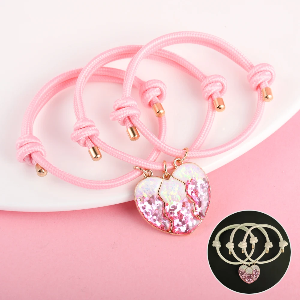 A Girl 3Pcs/set Luminous Rope Heart-shaped Pink Sequins Best Friend Bracelet for Girls Fashion Friendship Gifts