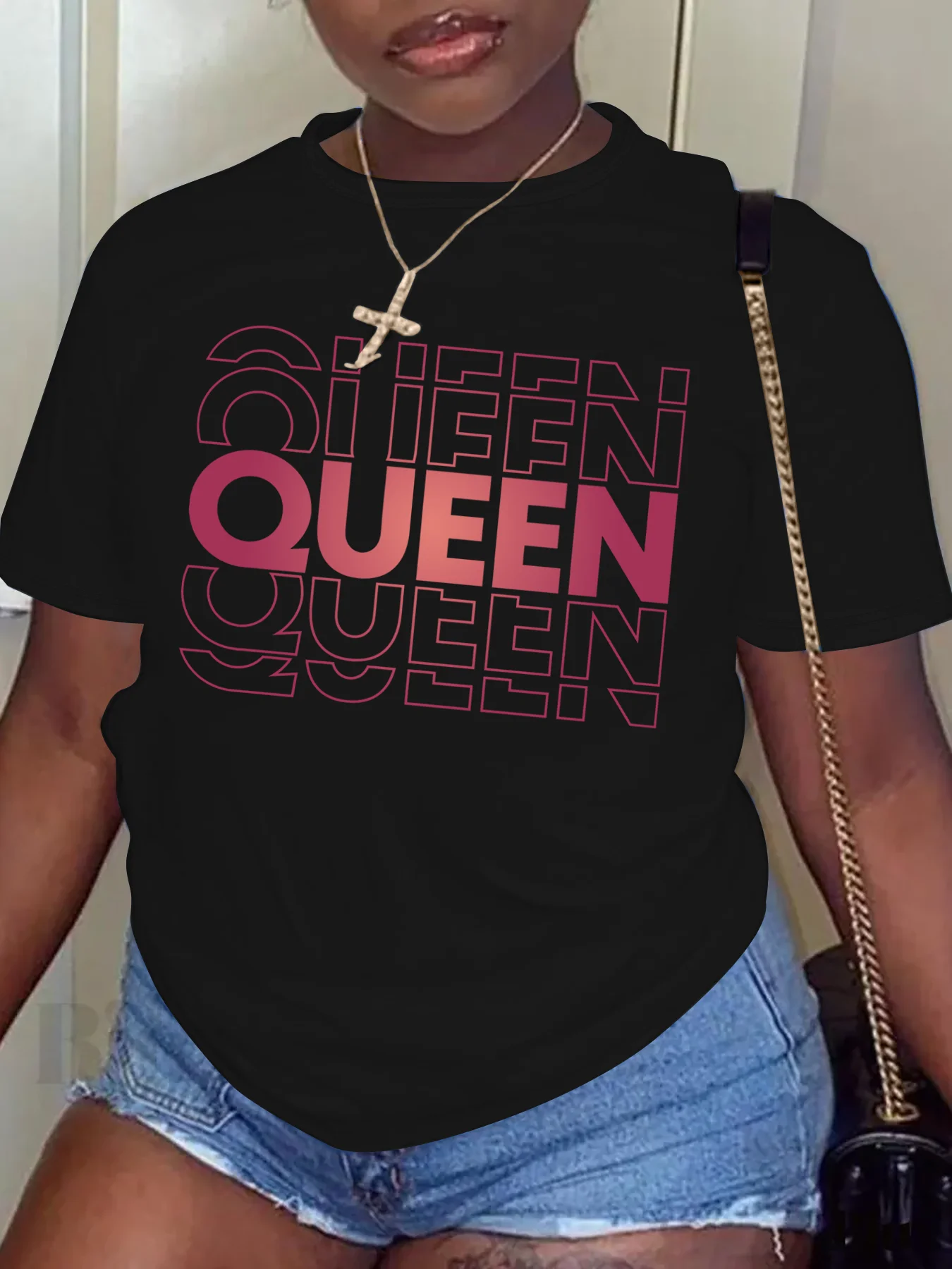 Women Plus Size Clothing Summer Round Neck Short Sleeve Printed Letter Queen Plus Size T-Shirts Y2k Top Poleras Mujer