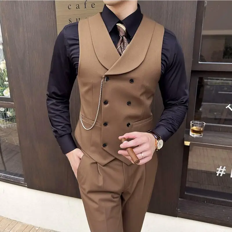 ( Vest + Pants) Men Luxury Double Breasted Design Suit Vest 2 pieces Formal Groom Wedding Dress Vest Set Fashion Club Clothing