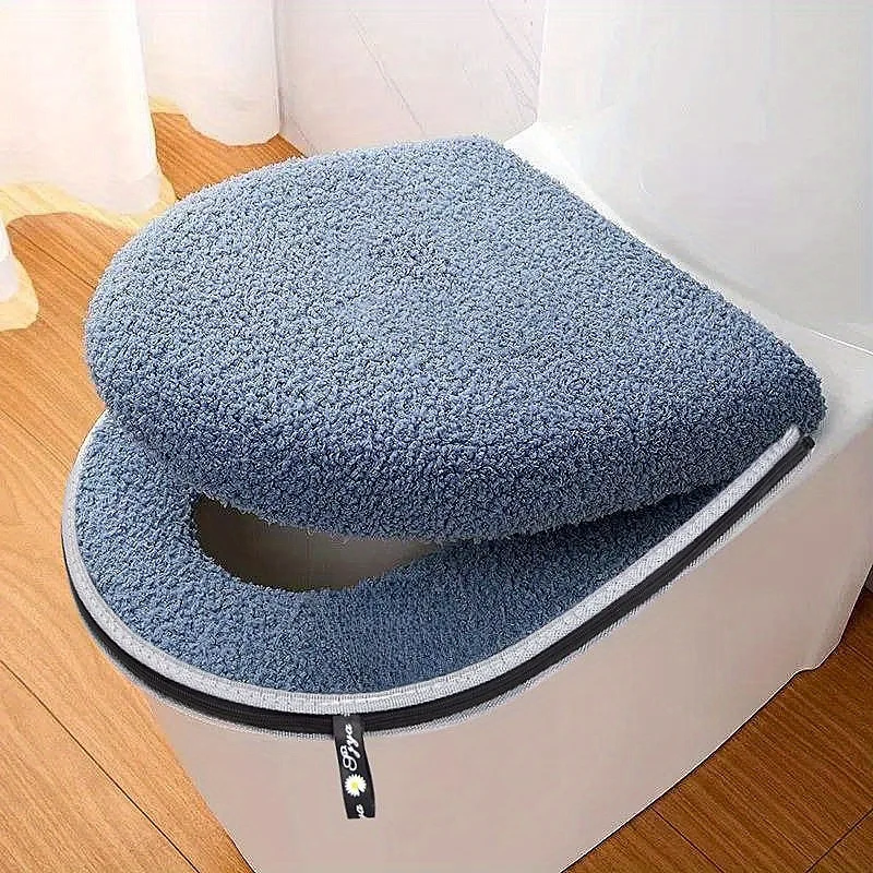 2Pcs Universal Plush Toilet Seat Cover Set Zipper Washable Warm Toilet Cushion With Lifting Handle Bathroom Supplies