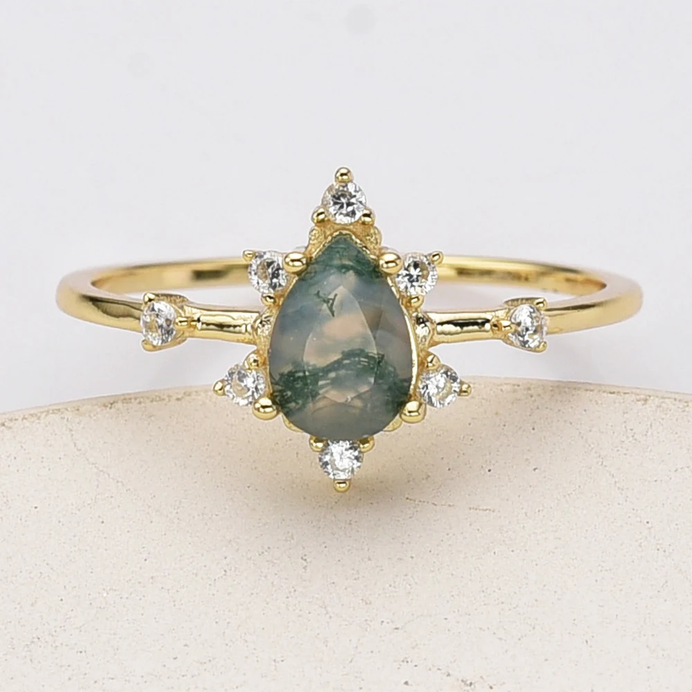 

Pear Shaped Natural Stone Green Moss Agate Ring 925 Sterling Silver Round Cut Zircon Cluster For Women Anniversary Gift Jewelry