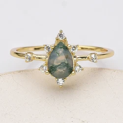 Pear Shaped Natural Stone Green Moss Agate Ring 925 Sterling Silver Round Cut Zircon Cluster For Women Anniversary Gift Jewelry