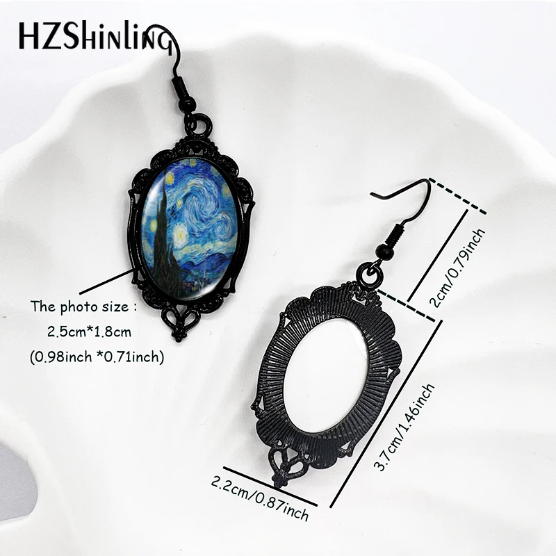 2024 New The Starry Night Oil Painting Dangle Earring Black Lace Earrings Oval Glass Photo Jewelry Gifts Party