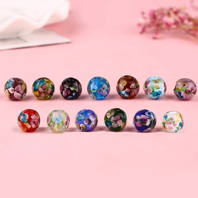 5/10Pcs 12mm Retro Handmade Glass lampwork beads Flower Round  colour decoration beads DIY for Jewelry making Wholesale