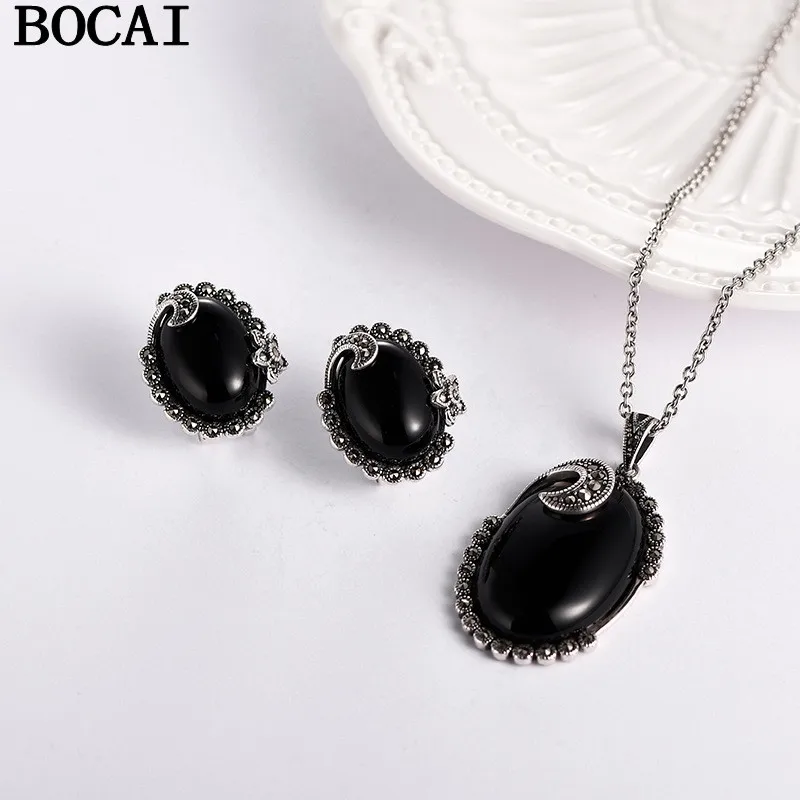 

BOCAI NEW S925 Pure Silver Retro Niche Mosaic Inlaid Oval Shaped Egg Black Agate Pendant