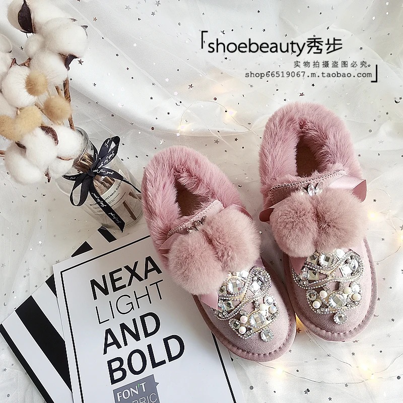 Princess Crystals Cow Suede Ankle Snow Boots Women Winter 2023 New Brand Cute Fur Ball Plush Warm Flats Platform Shoes Female