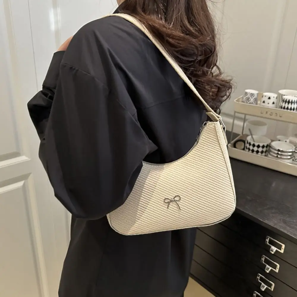 한국 스타일 PU 가죽 신상 디자인 언더암 백 대용량 스윗 보우노트 암핏 백 Y2K 핸드백 여성 숄더백