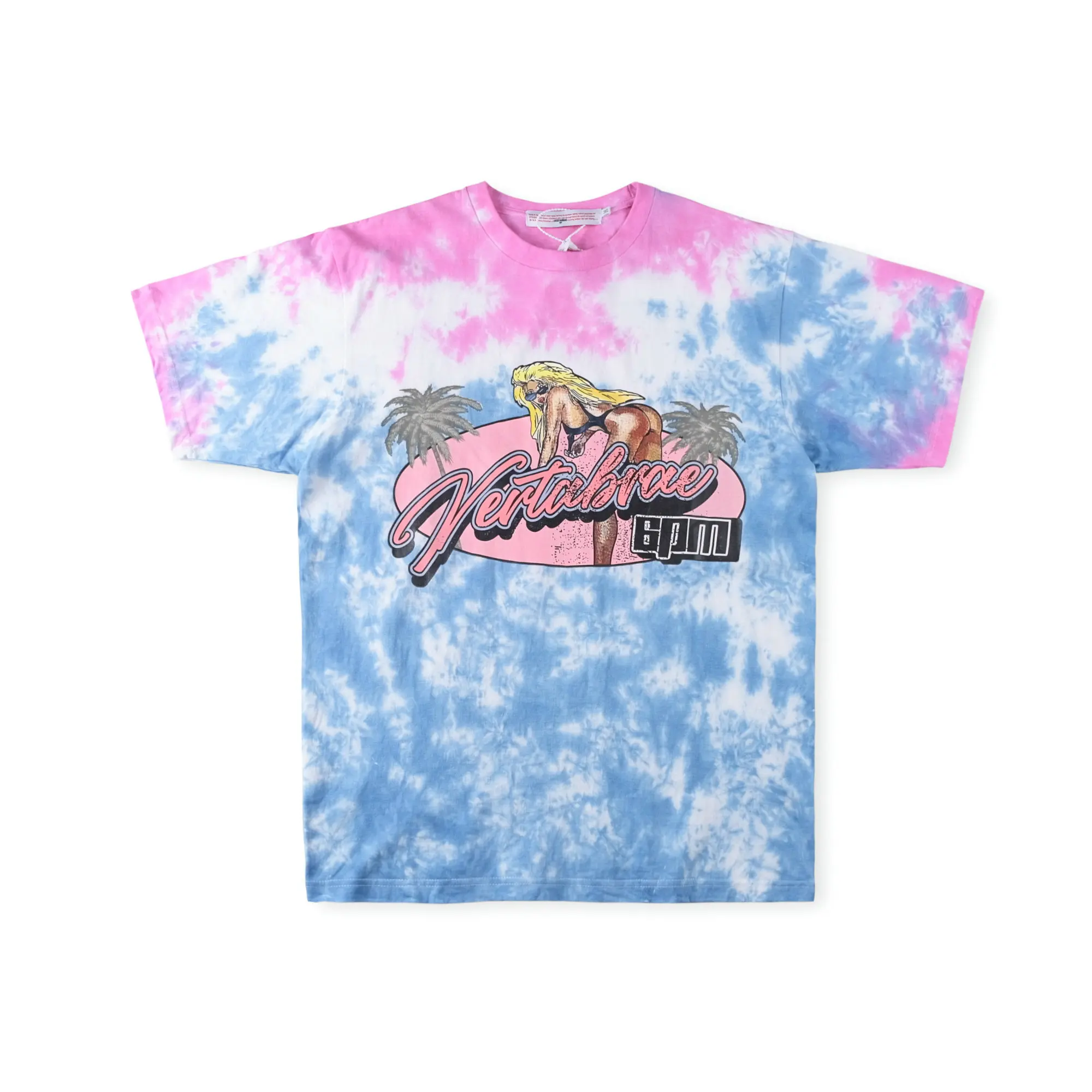 Vertabrae Retro Pink Blue Tie Dye Bikini Girl Print T-shirt Men Oversized Casual Streetwear Short Sleeve Top