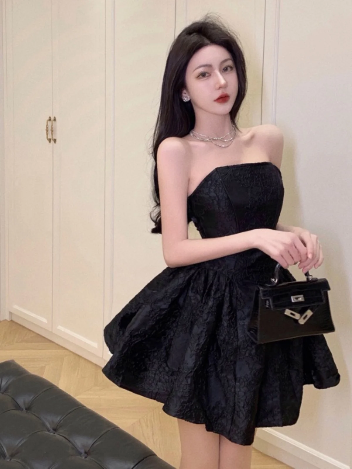 Hebe Sle Sexy ort Puffy Dr Women's Strapl Knee-high Knitted Gown Summer New Arrival Princ Cut A-line Dr