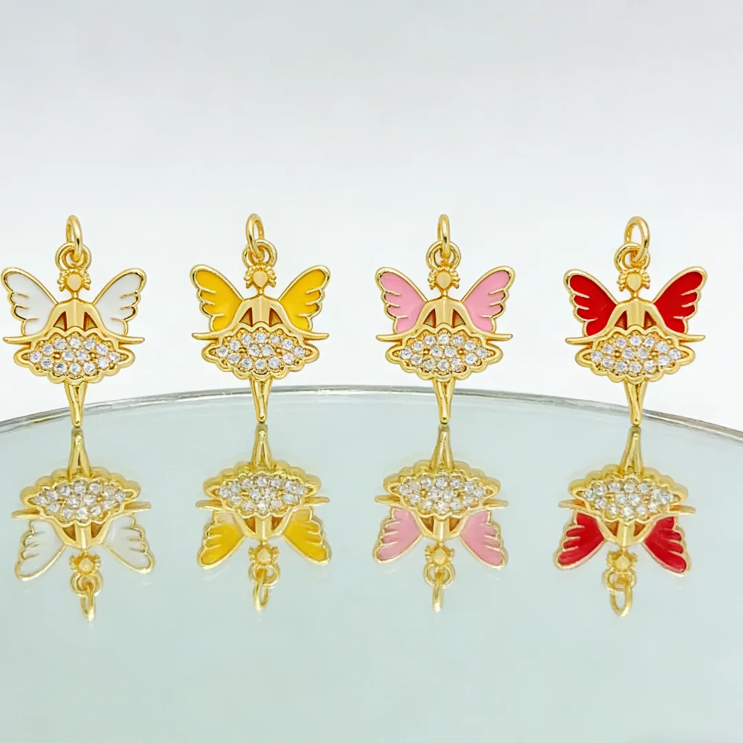 4Pcs Pendants Wings Fairy Shape Charms Brass Zircon Enamel DIY Jewelry Accessories for Making Necklace Bracelet Party Daily Wear