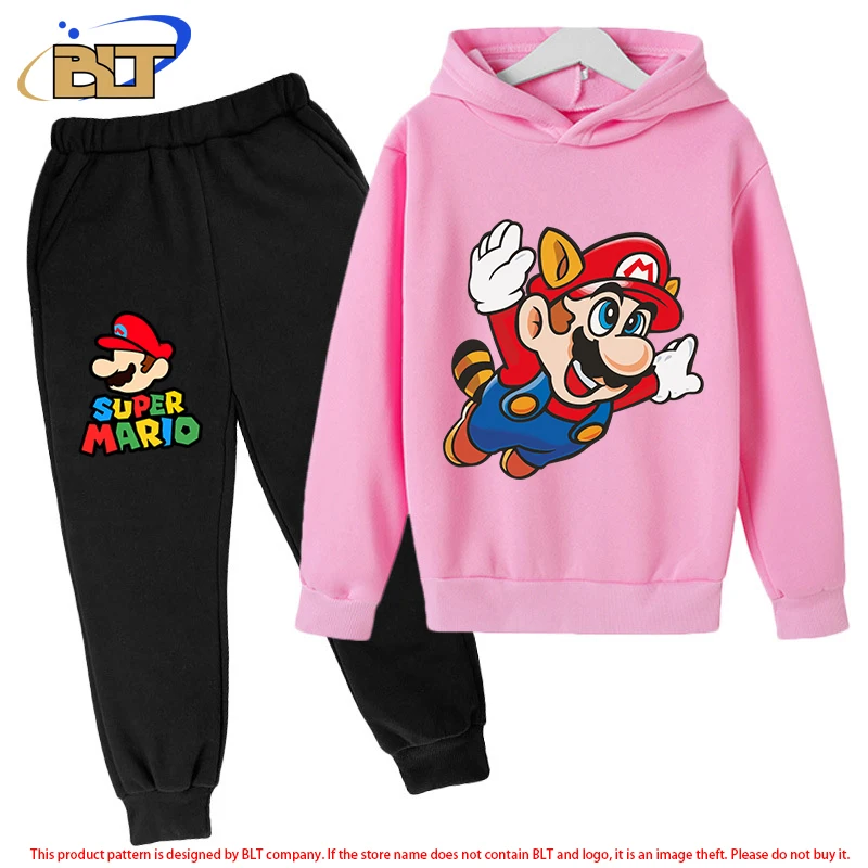 Mario children's fleece hoodie set pink sports sweatshirt pants two-piece set suitable for boys and girls