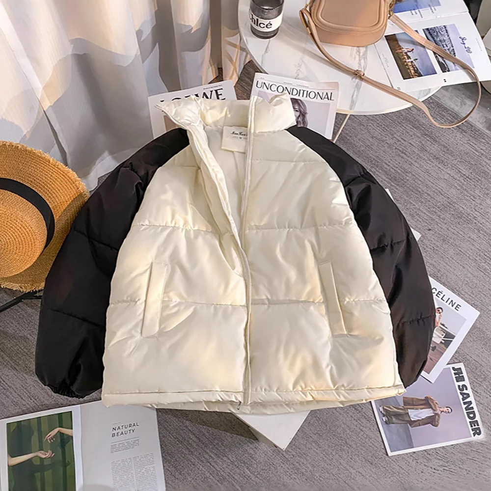 Women Winter Contrast Color Cotton Coats 2025 New Fashion Stand Up Collar Bread Jacket Thick Warm Cotton Padded Parkas Outerwear