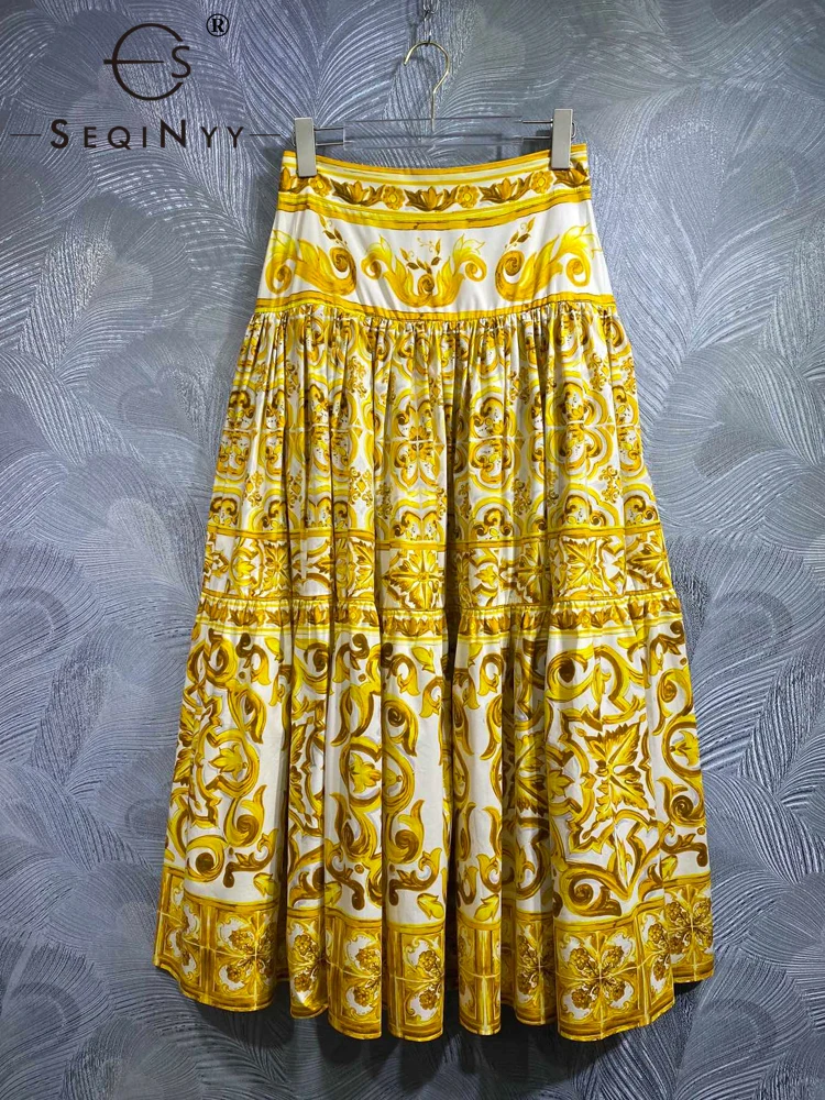 

SEQINYY Elegant Long Skirt 100% Cotton Summer Spring New Fashion Design Women Runway High Quality Vintage Yellow Flower Print