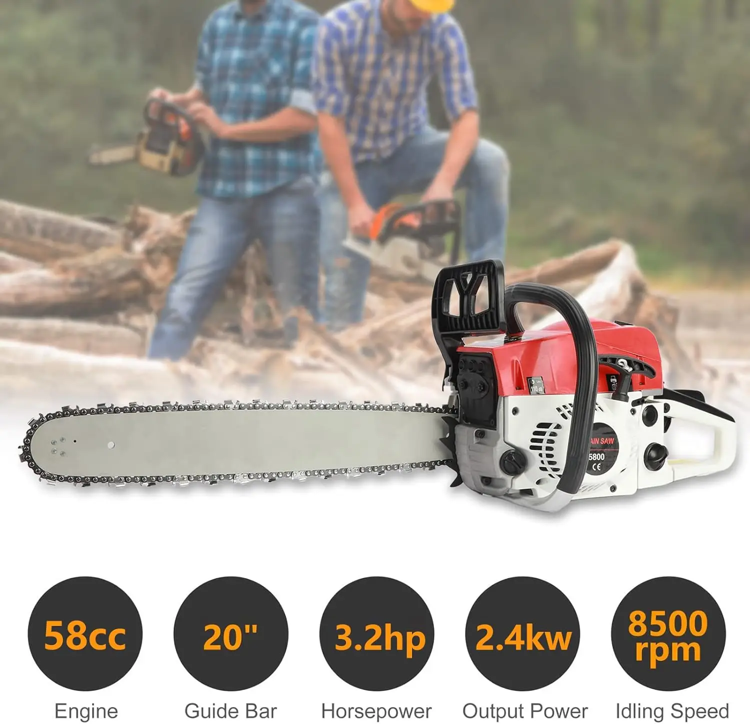 Gas Chainsaw 58CC Power Chain Saw 20 Inch Guide Board Chain Saws Handheld Cordless Petrol Chain Saws for Trees Gas Powered Farm