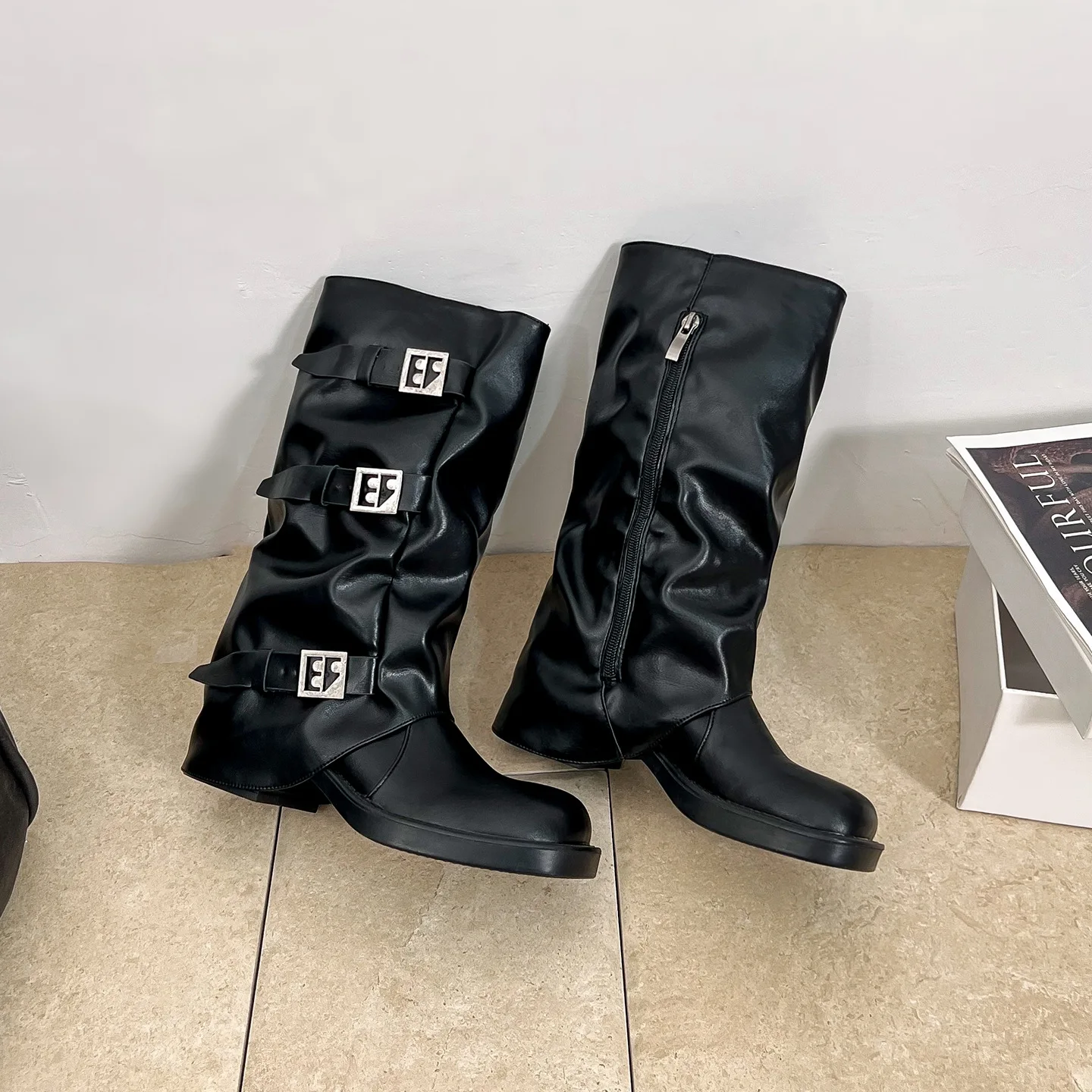 Womens Knee High Boots Round Toe Flat Heel Smooth Upper Slouchy Shaft Triple Buckle Strap Accent Design