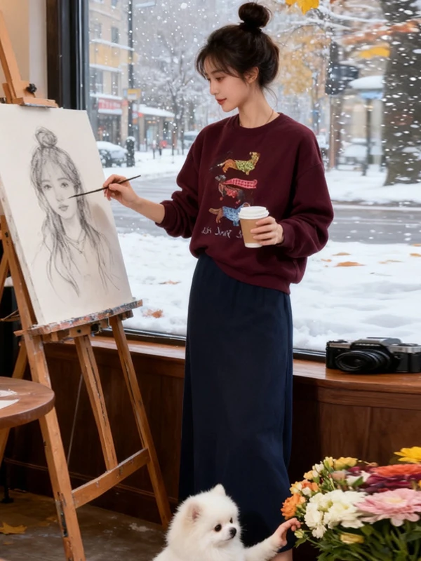 

Fashionable Casual Sweatshirt And Skirt Set Women's Spring Loose Feeling Slimming Look Two Piece Ensemble round Neck Lon...