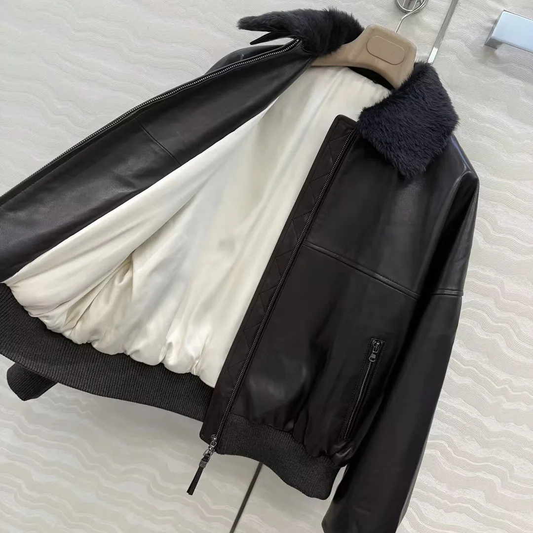 ヴィンテージ風オールドマネースタイルブラウン100%シープスキンジャケット女性用取り外し可能なラムファーラペルジッパー長袖ルーズカジュアル冬コート