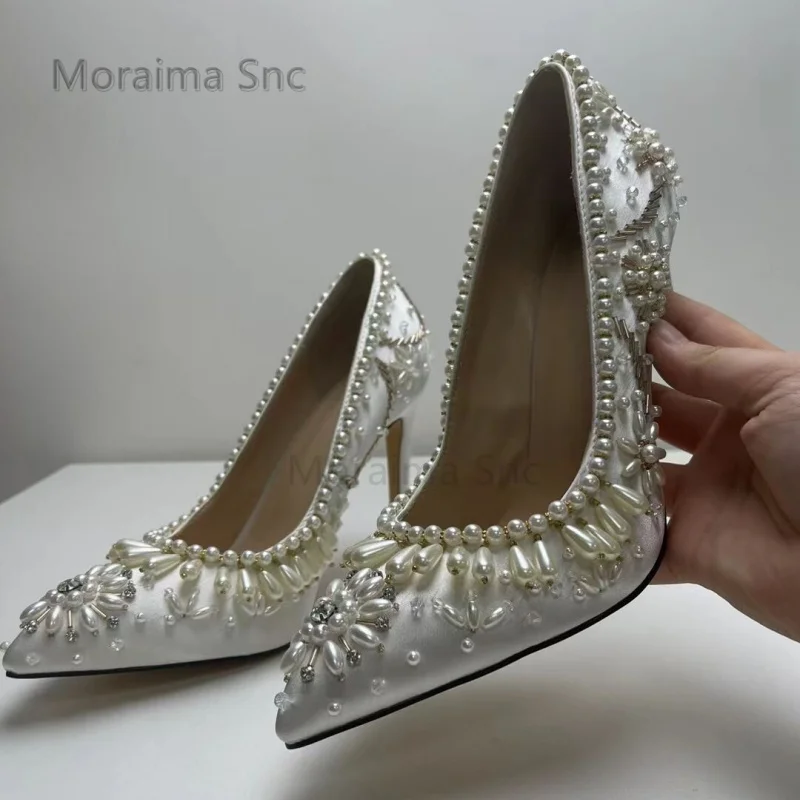 

Rhinestone Pearl Stiletto High Heeled for Women Pumps Pointed Toe Shallow Wedding Shoes for Bride Bridesmaid White Party Shoes