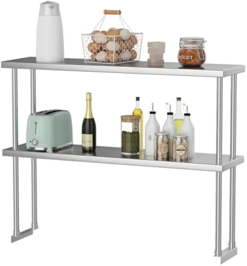 Stainless Steel Double Tier Overshelf 12x48 Inch Work Prep Table Adjustable Commercial Storage Rack Kitchen Utility Room Restaur