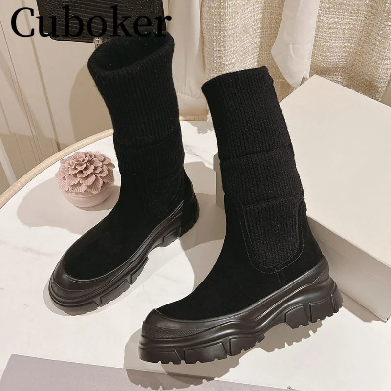 Autumn Winter Elastic Boots Knitting folding Mid Length Boots Round Toe Thick High Boots Women Long Boots Celebrity Brand boots