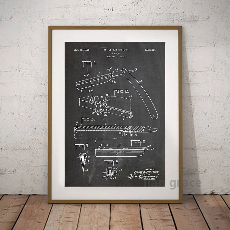 Barber Patent Blueprints Vintage Posters Canvas Prints ,Shaving Brush, Scissors Barber\'s Pole, Cutthroat Razor Barbershop Decor