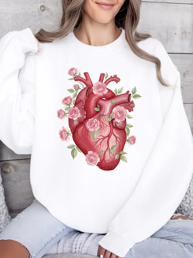 

Женская толстовка с круглым вырезом и принтом в виде сердец и цветов, повседневный пуловер с длинными рукавами, свободный крой, для ежедневной носки