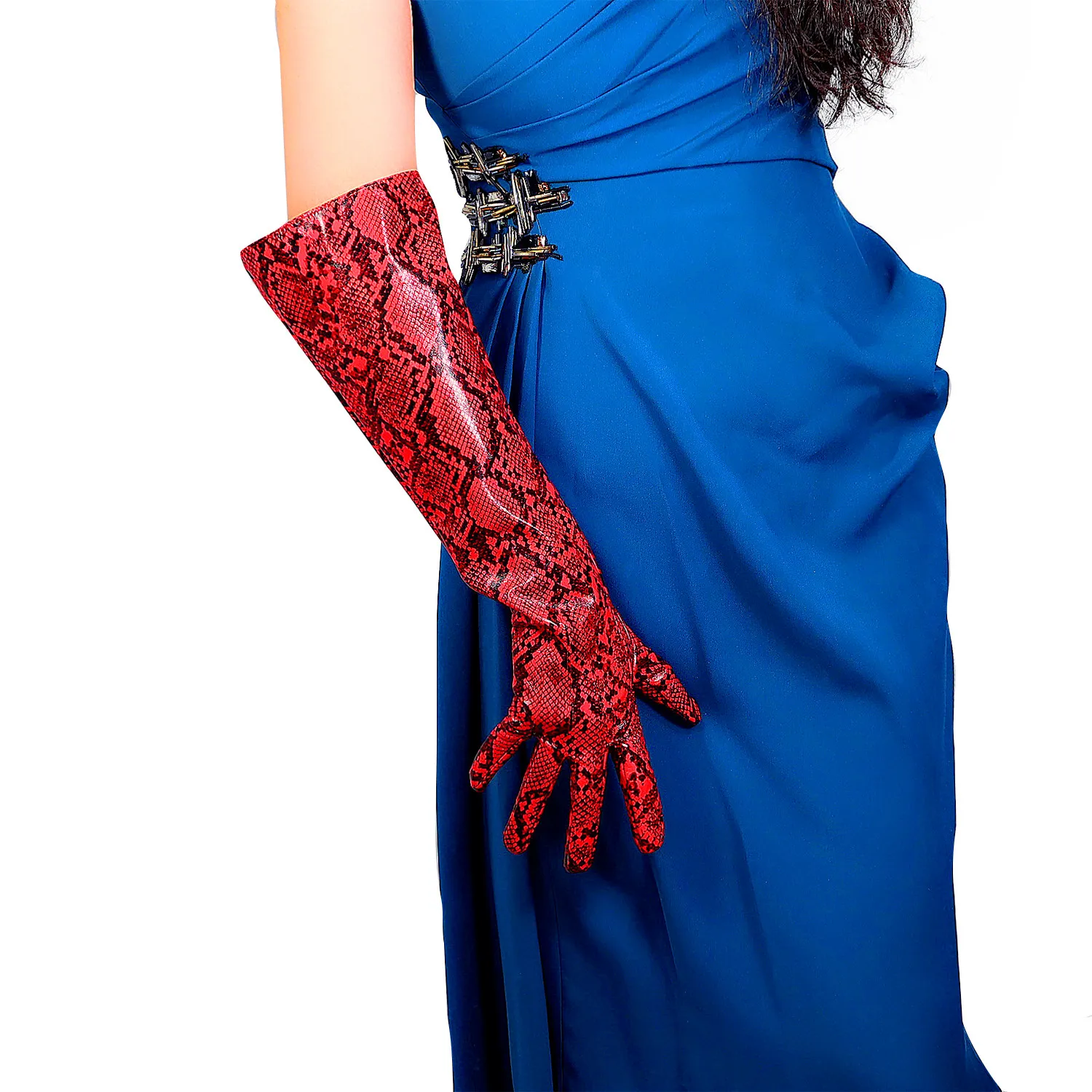 

DooWay Unisex Oversize Snake Skin Gloves Puff Wide Sleeve Wet Look Red Sexy Wild Elbow Long Large Cuff Gauntlet Snakeskin Print