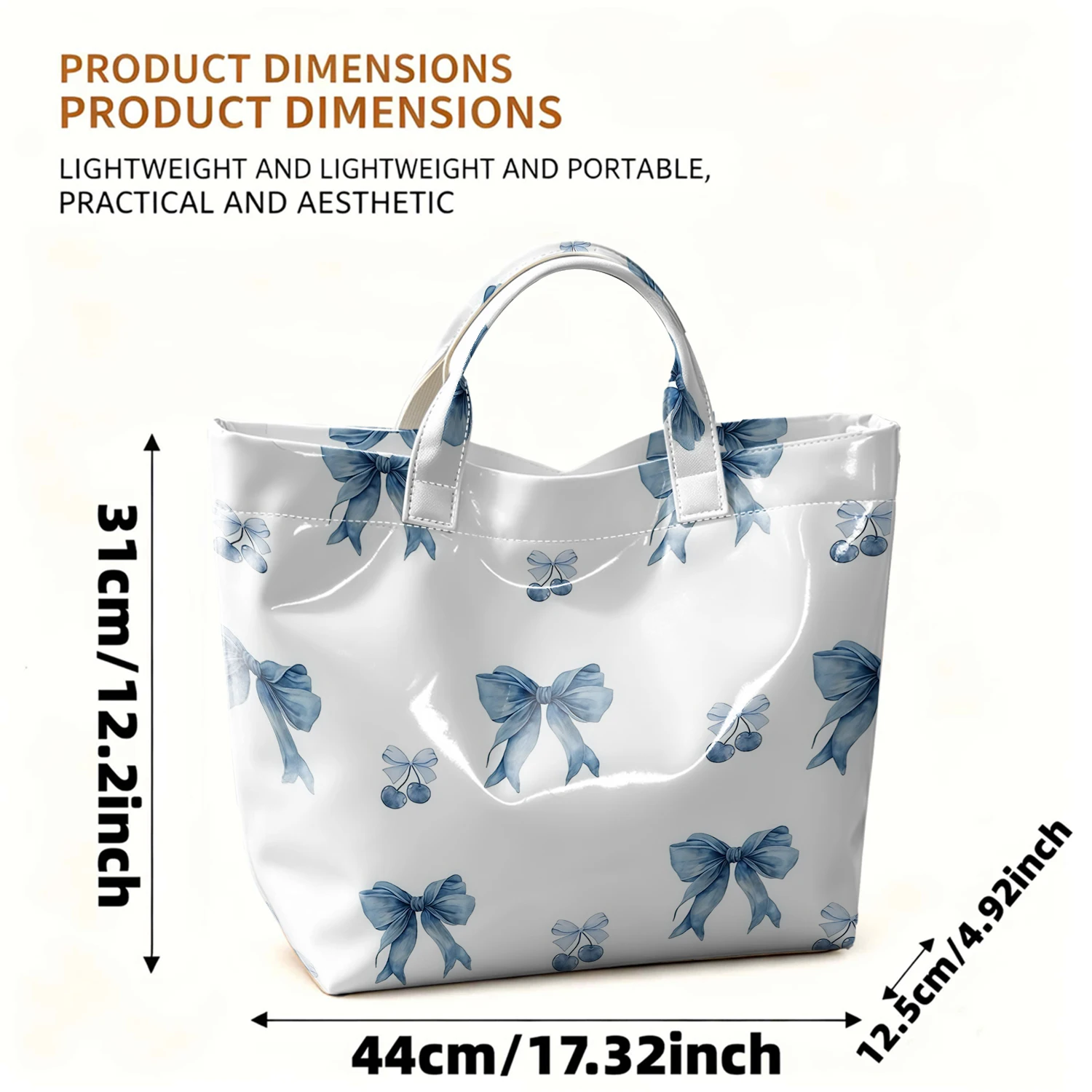 Blue Cherry Bow Fashion Large Glossy PVC Tote Bag Hand Washable Waterproof Perfect Travel Commute Cosmetic Storage Shopper view 3