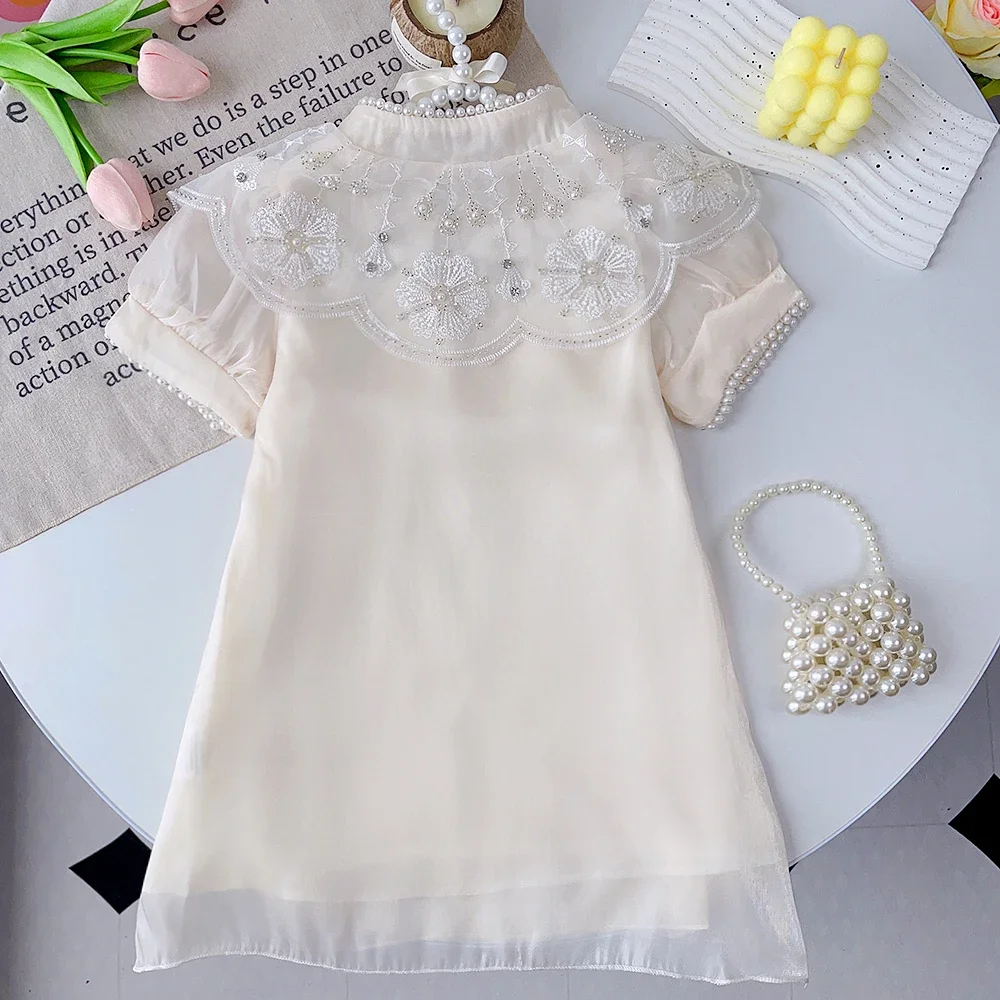 Summer New Chinese Style Elegant White Lace Flower Embroidered Short Sleeve Dress Sweet Girl's Clothes 2-7 Year Old Cheongsam