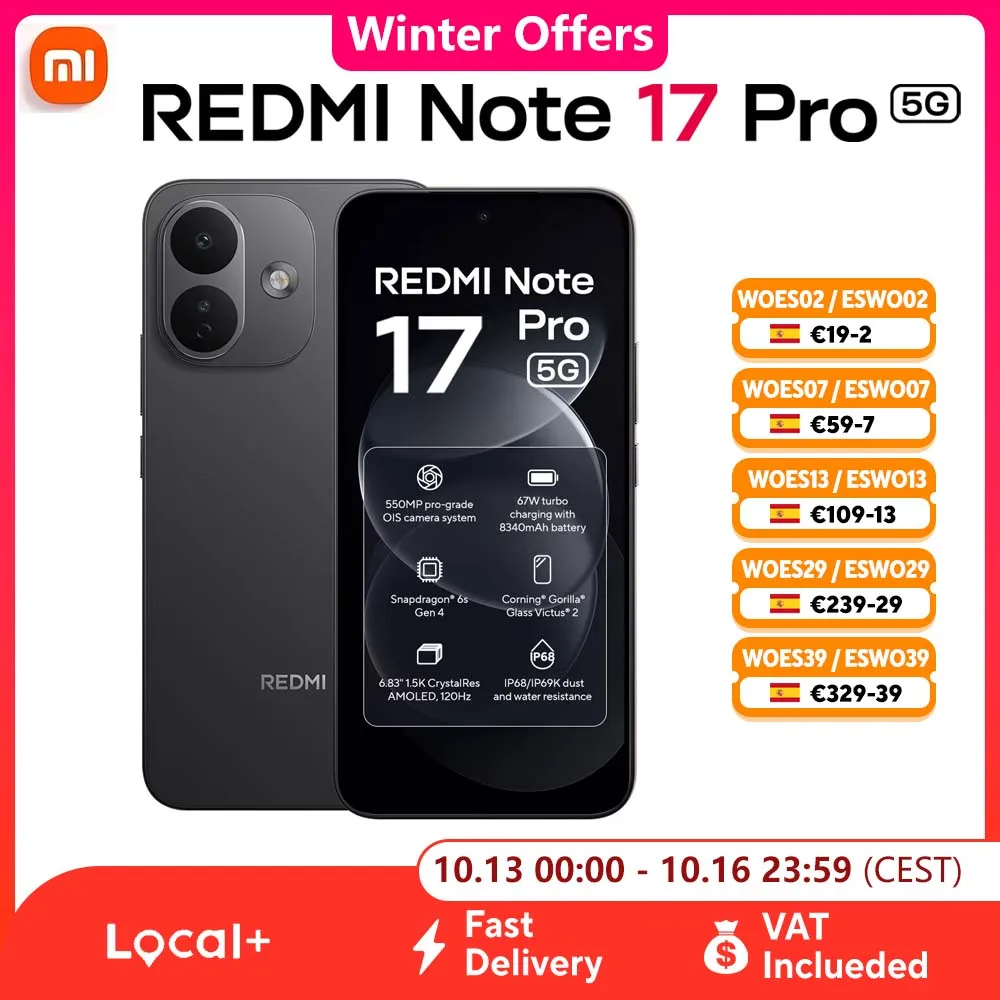 VersiÃ³n Global Xiaomi Redmi Note 17 Pro 5G, Pantalla AMOLED de 6,83" 120Hz, BaterÃ­a de 8340 mAh, Snapdragon 6s Gen 4, Carga RÃ¡pida de 67W, CÃ¡mara de 50MP con OIS, IP68, Doble SIM, TelÃ©fono MÃ³vil