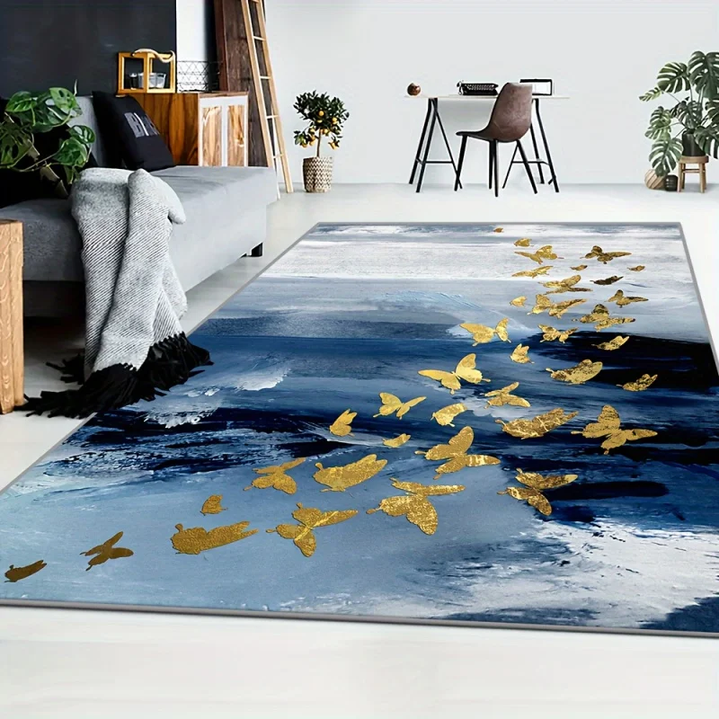 Abstract Blue Ink Wash Golden Flying Butterfly Print Large Area Rug Soft Flannel Non Slip Floor Carpet for Living Room Modern