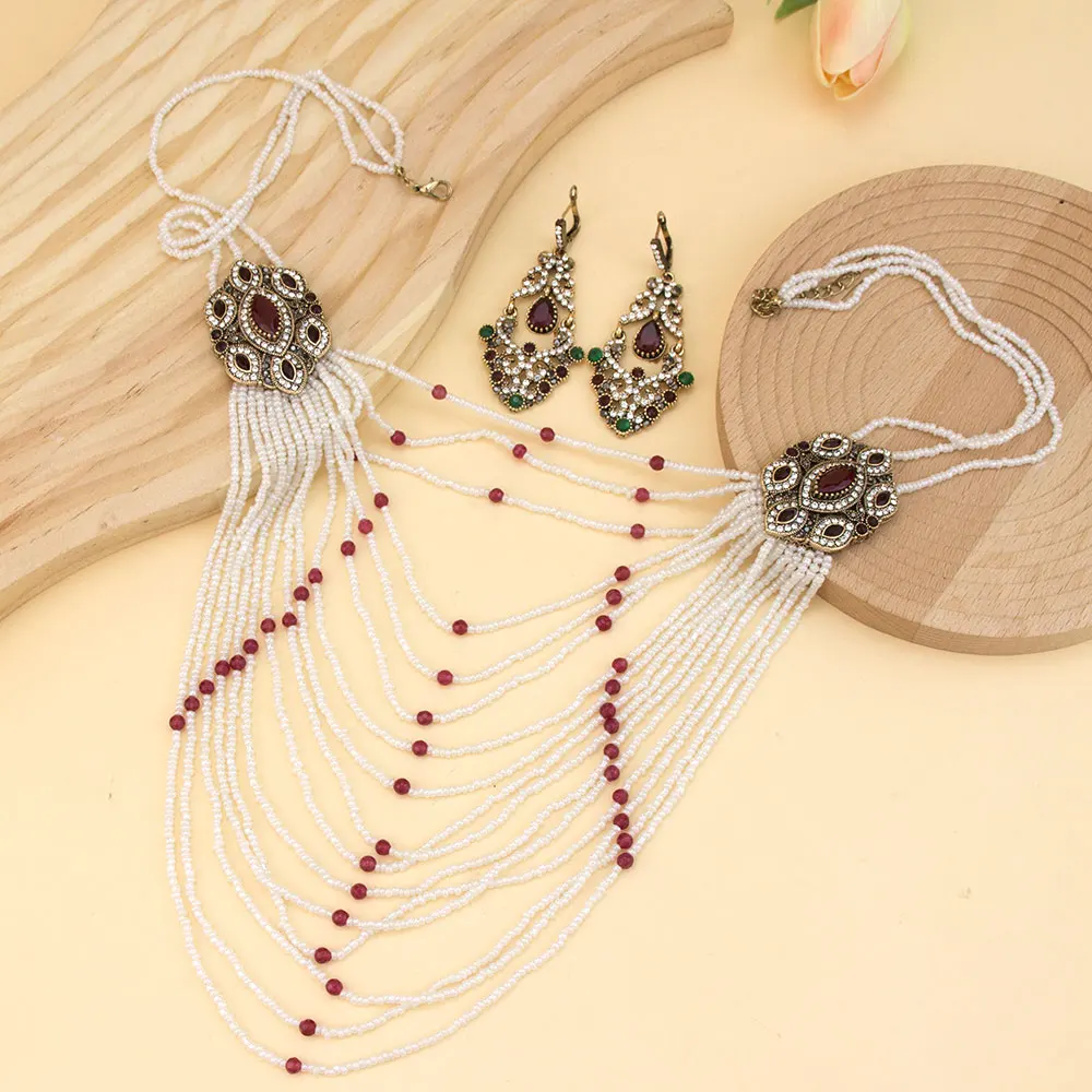 Chic Vintage Turkish Jewelry Women Bead Choker Necklace Multi-strip Chain Crystal Earring Flower Eardrop Bohemia Bridal Bojoux