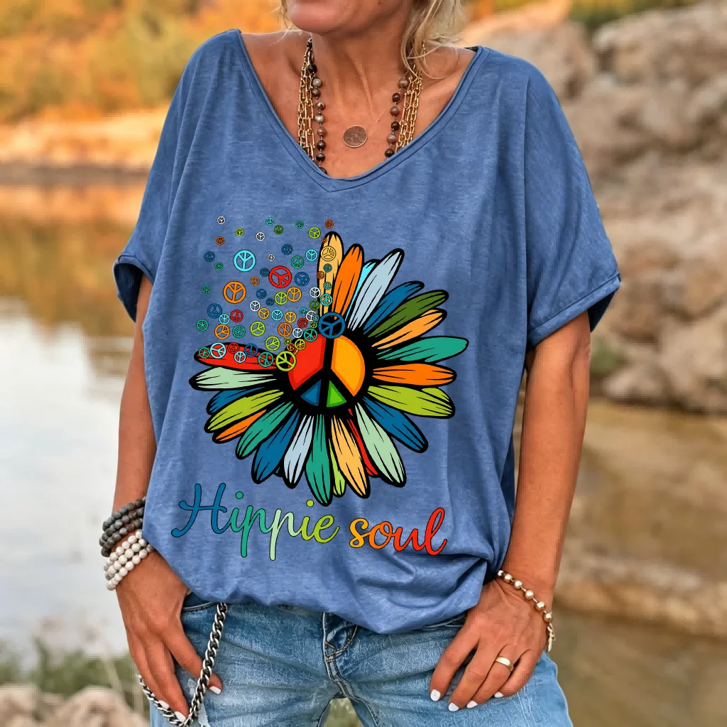 Camiseta Ilstile Hippie Soul Peace Daisy para mujer, estilo retro bohemio con estampado floral, cuello en V, manga corta, corte holgado, informal, para verano.
