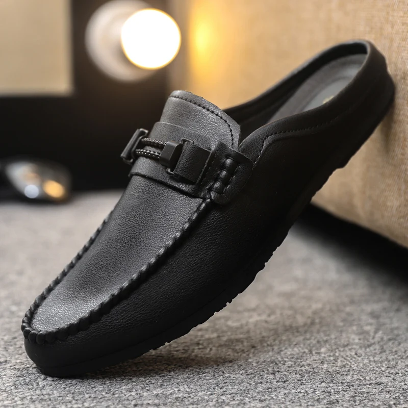 Summer Mules Men Backless Casual Shoes Loafers Slippers Lightweight Slip On Flats Leather Outdoor Half Shoes Man Slides Sandal