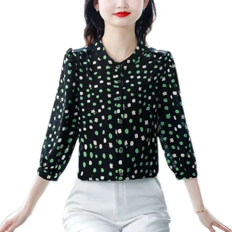 

Summer Women's 2024 New Splicing O-Neck Button Printing Polka Dot Fashion Loose Comfortable Versatile 3/4 Sleeve Blouses Shirts