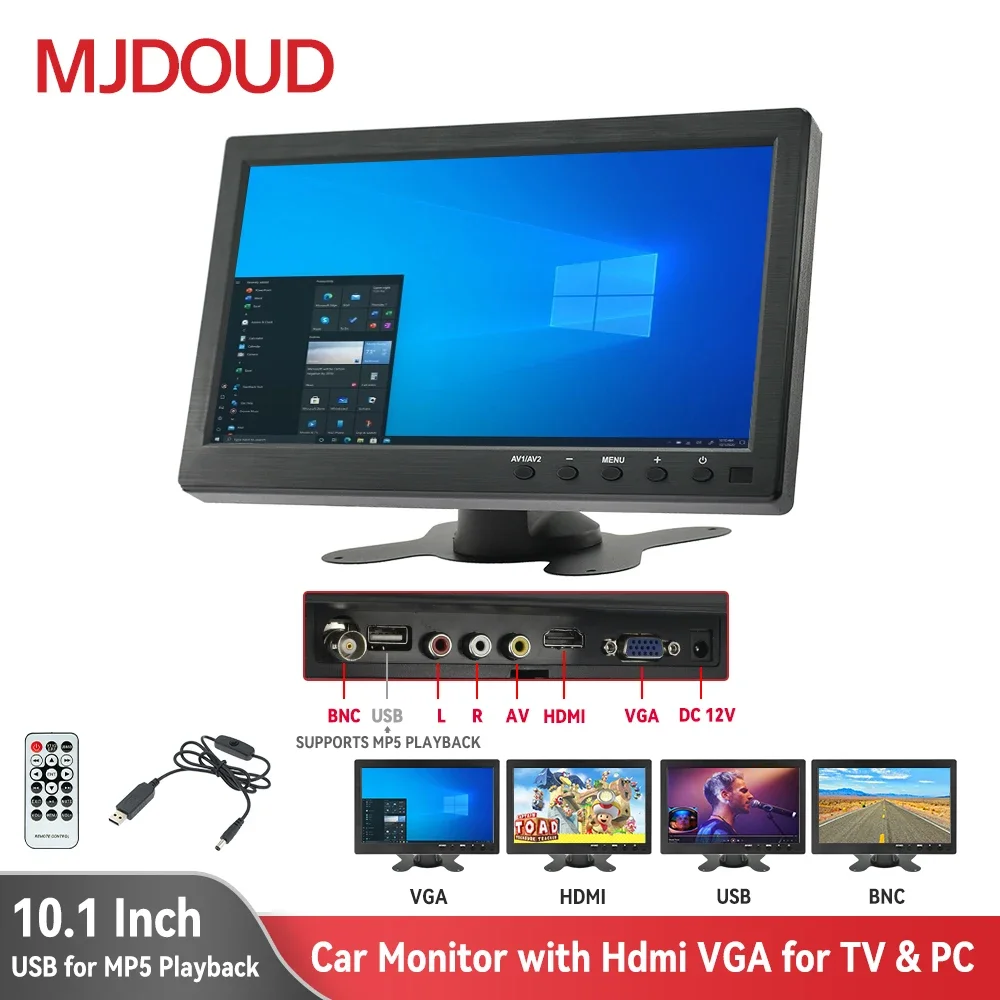 MJDOUD-Monitor de coche de 10,1 pulgadas con USB para reproducción de MP5, pantalla de visualización para TV, PC, HDMI, VGA, AV, submonitor para